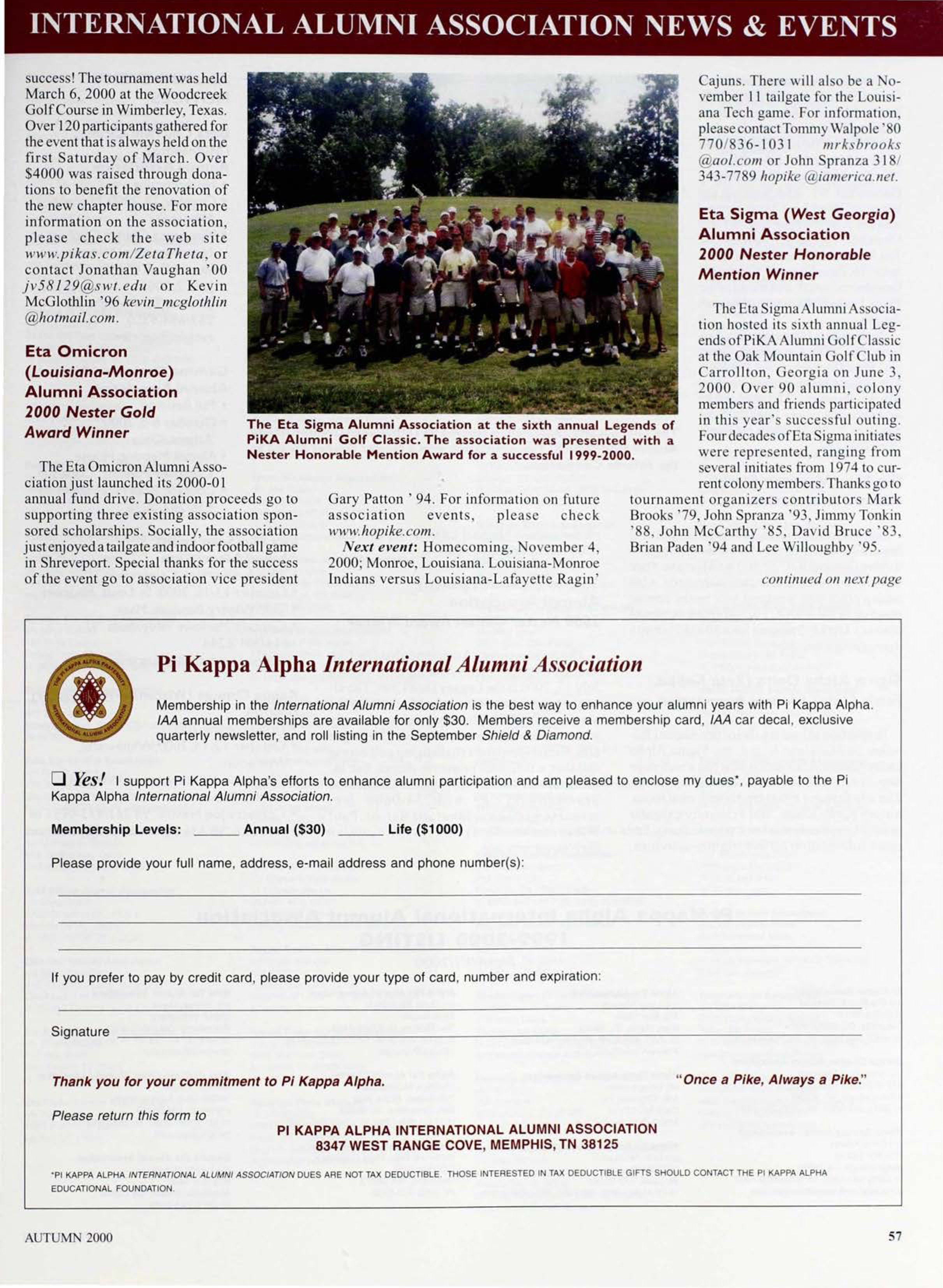 Pi Kappa Alpha International Alumni Association Form, Autumn 2000